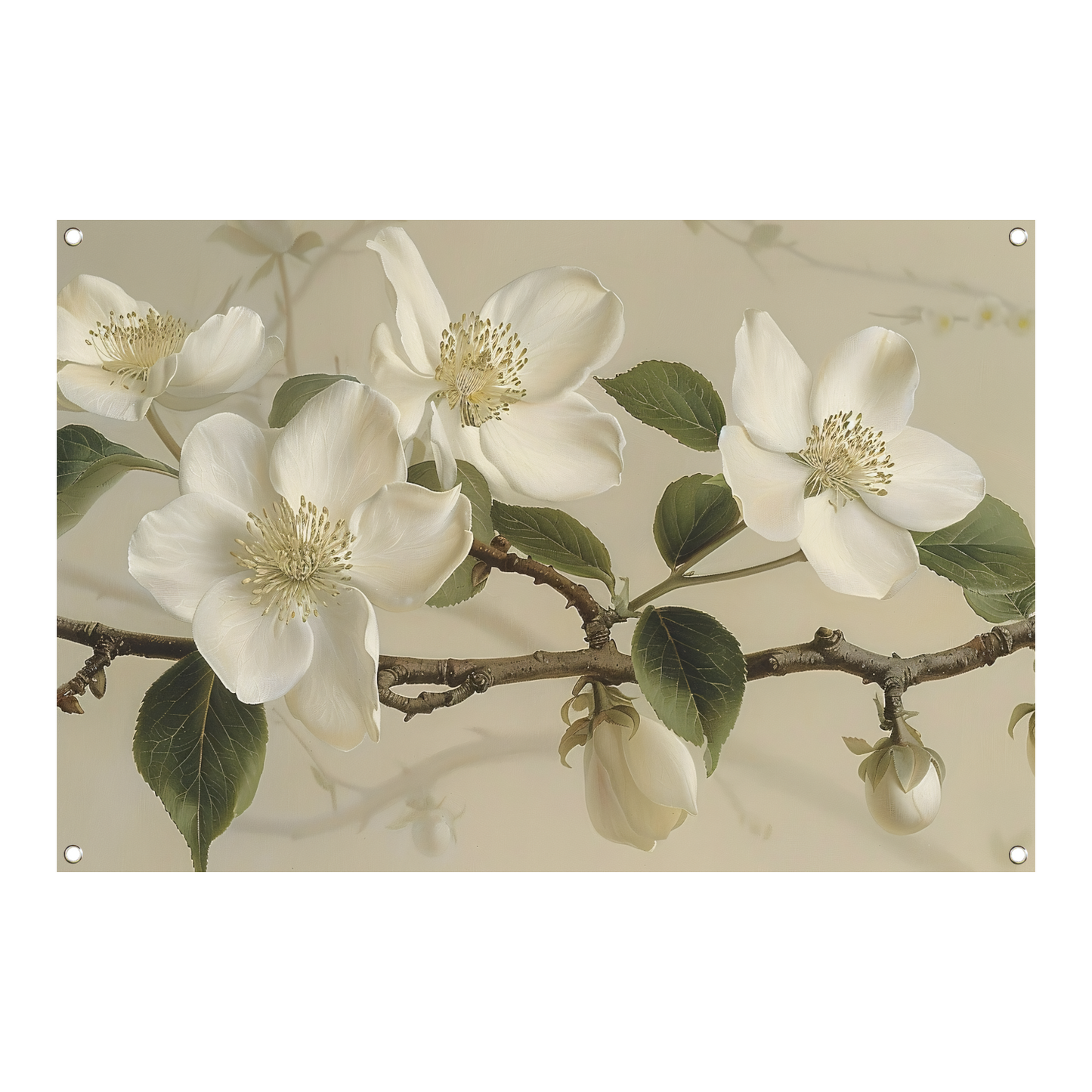 Witte bloemen op tak tegen beige achtergrond tuinposter