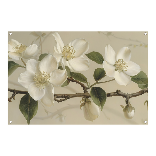 Witte bloemen op tak tegen beige achtergrond tuinposter