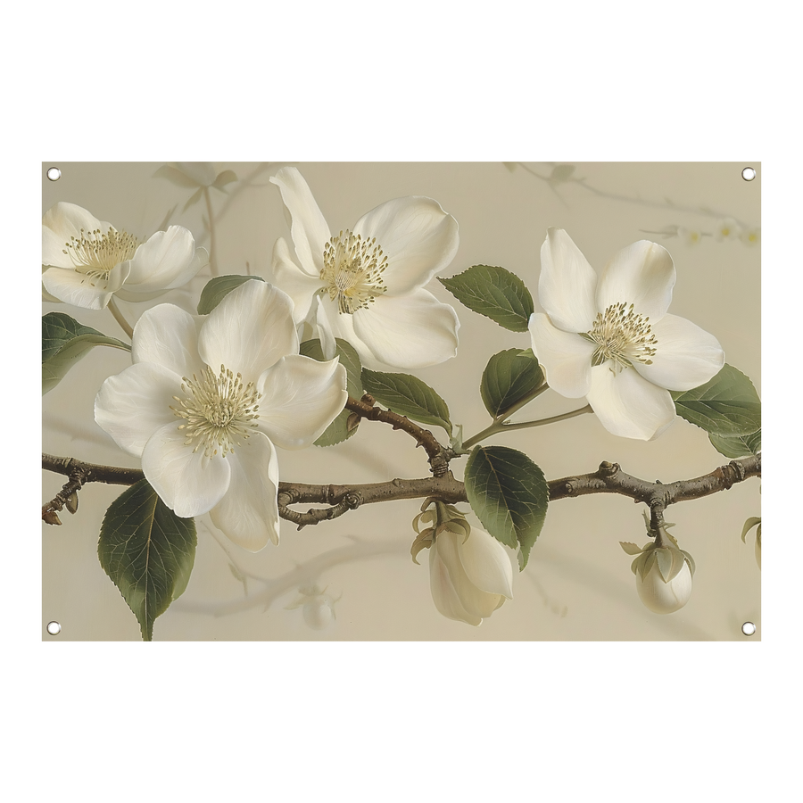 Witte bloemen op tak tegen beige achtergrond tuinposter