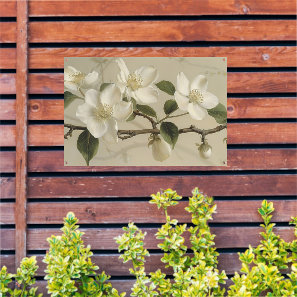 Witte bloemen op tak tegen beige achtergrond tuinposter