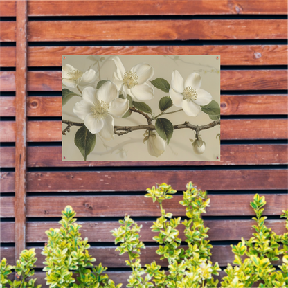 Witte bloemen op tak tegen beige achtergrond tuinposter