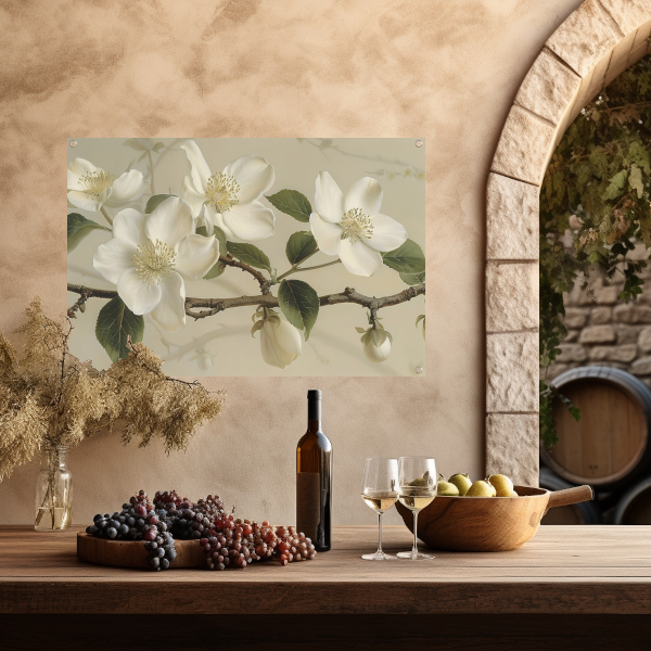 Witte bloemen op tak tegen beige achtergrond tuinposter