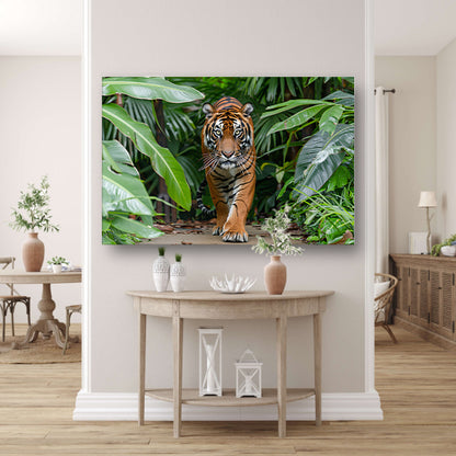 Realistisch schilderij van tijger in jungle canvas met baklijst