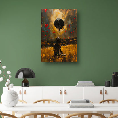Eenzame figuur met zwevende harten poster