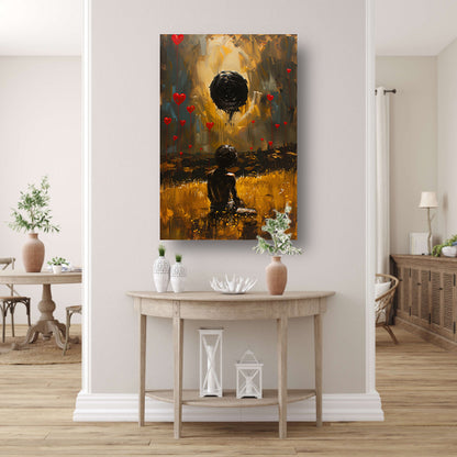 Eenzame figuur met zwevende harten poster
