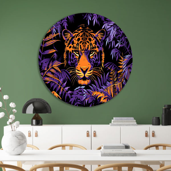 Popart schilderij van een kleurrijke jaguar aluminium muurcirkel