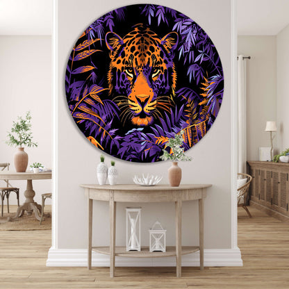 Popart schilderij van een kleurrijke jaguar aluminium muurcirkel