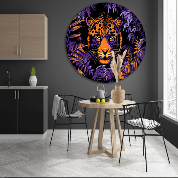 Popart schilderij van een kleurrijke jaguar aluminium muurcirkel