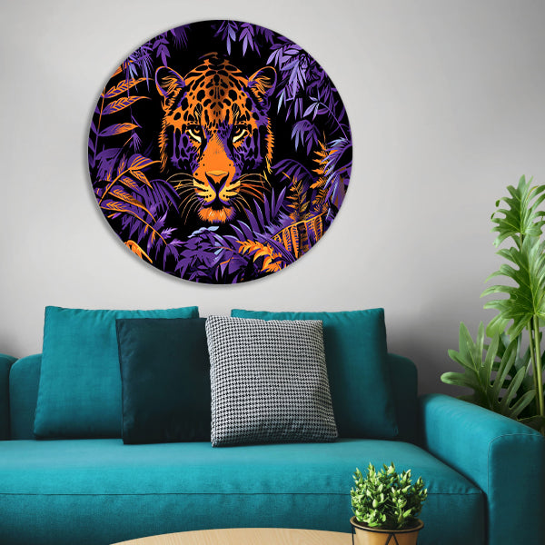 Popart schilderij van een kleurrijke jaguar aluminium muurcirkel