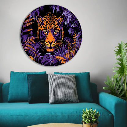 Popart schilderij van een kleurrijke jaguar aluminium muurcirkel