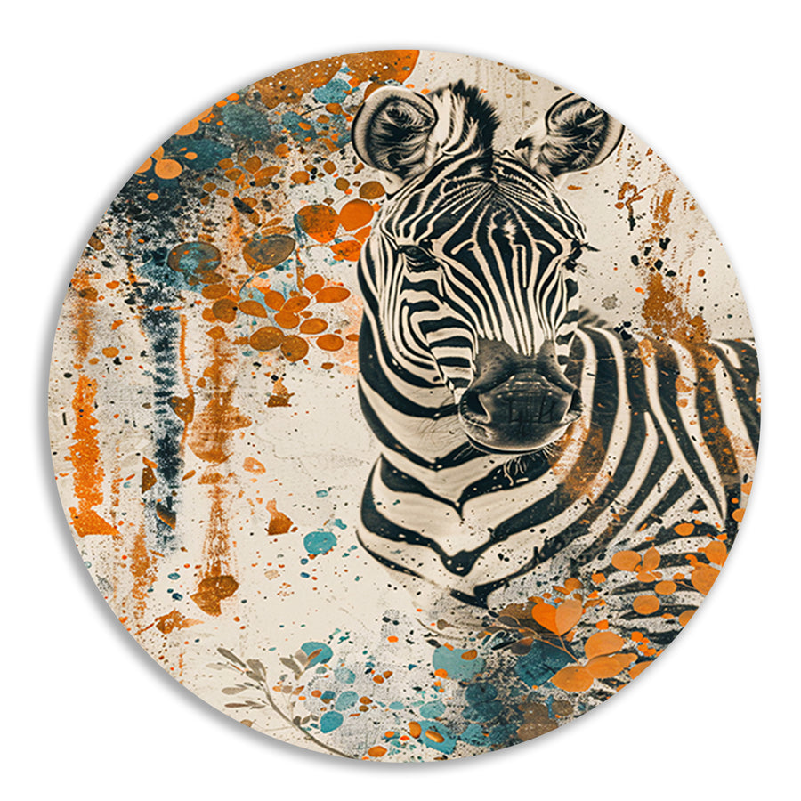 Abstract schilderij van zebra met kleurrijke bloemen aluminium muurcirkel