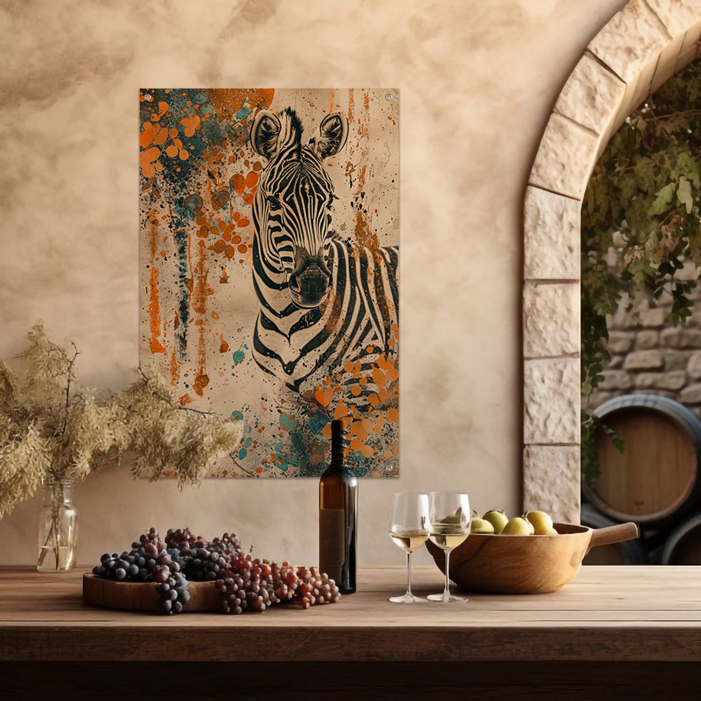 Abstract schilderij van zebra met kleurrijke bloemen tuinposter