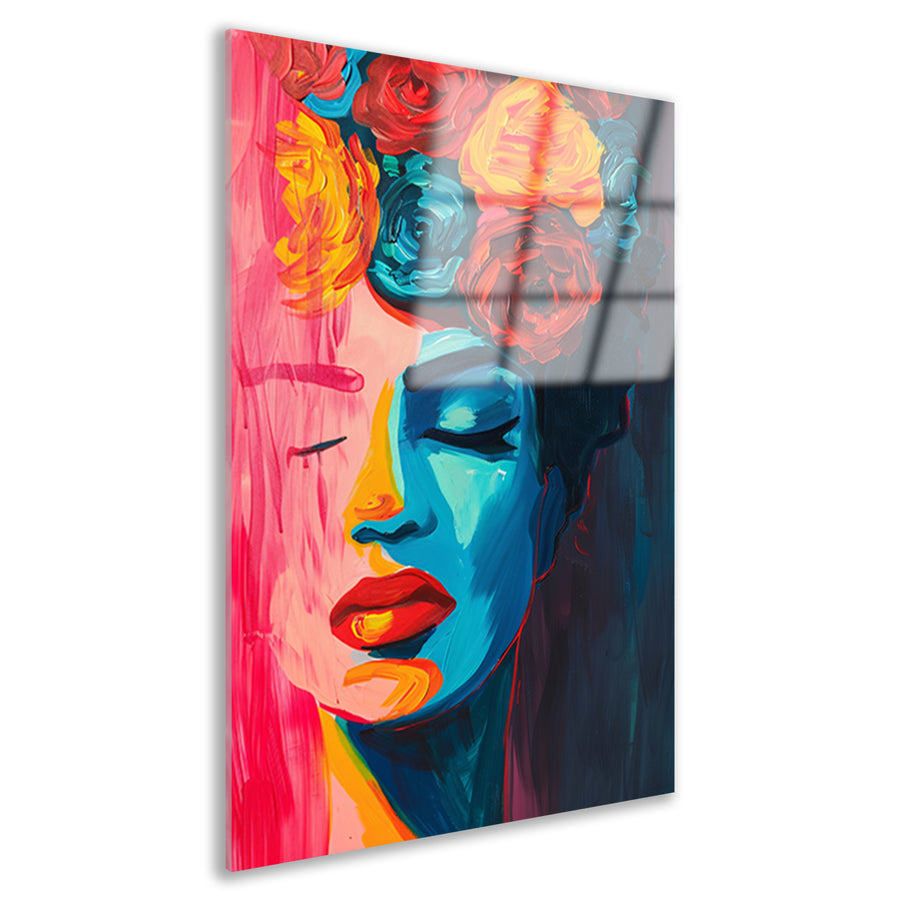 Abstracte vrouw met bloemen popart schilderij acrylglas
