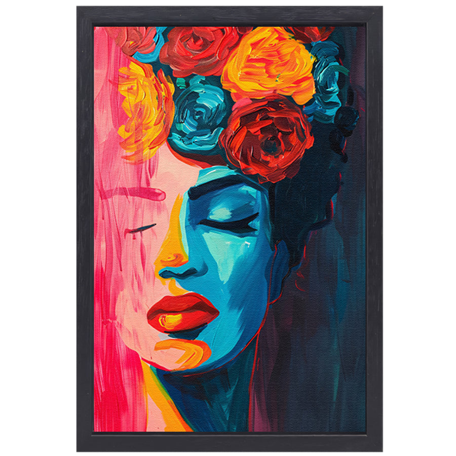Abstracte vrouw met bloemen popart schilderij canvas met baklijst