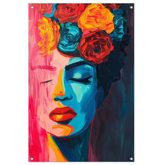 Abstracte vrouw met bloemen popart schilderij tuinposter