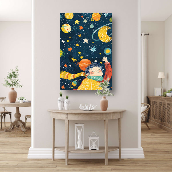 Dromerige jongen in kleurrijke kosmos acrylglas