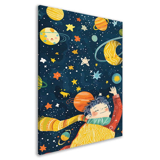Dromerige jongen in kleurrijke kosmos canvas