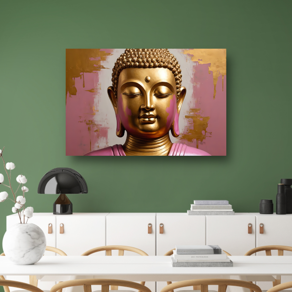 Moderne Gouden Boeddha met Roze Achtergrond canvas met baklijst