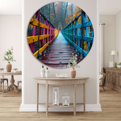 Impressionistische brug in boslandschap aluminium muurcirkel