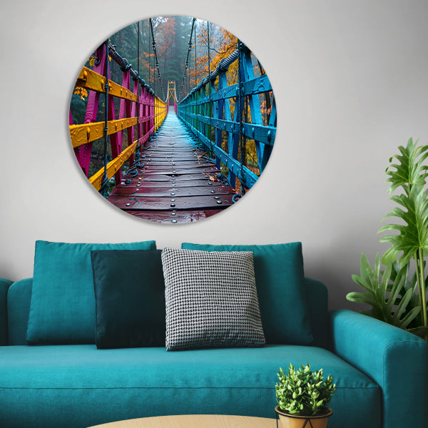 Impressionistische brug in boslandschap aluminium muurcirkel