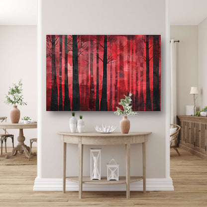 Mysterieus rood bos met zwarte bomen canvas met baklijst