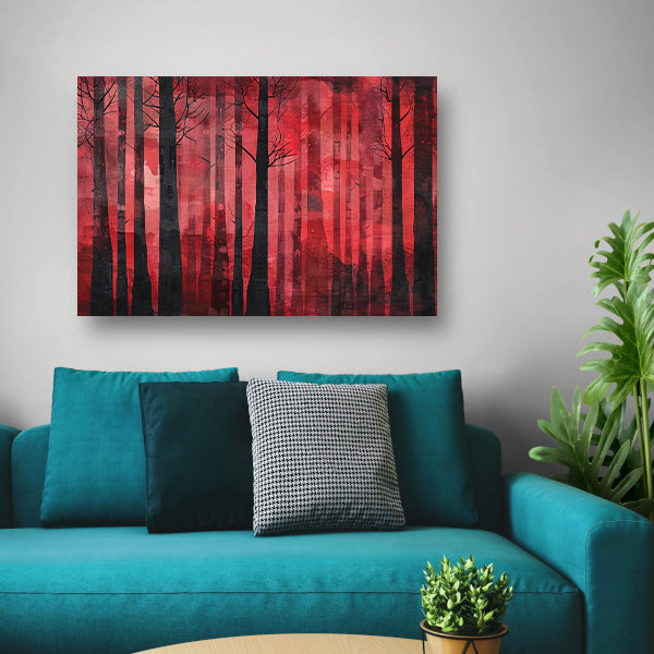 Mysterieus rood bos met zwarte bomen canvas met baklijst