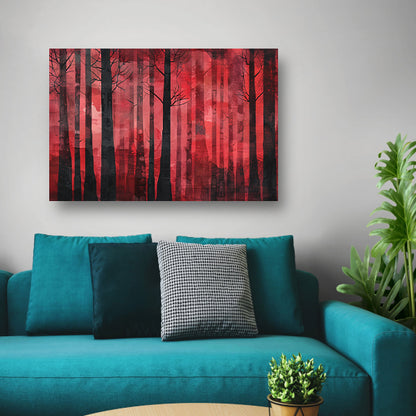 Mysterieus rood bos met zwarte bomen canvas met baklijst