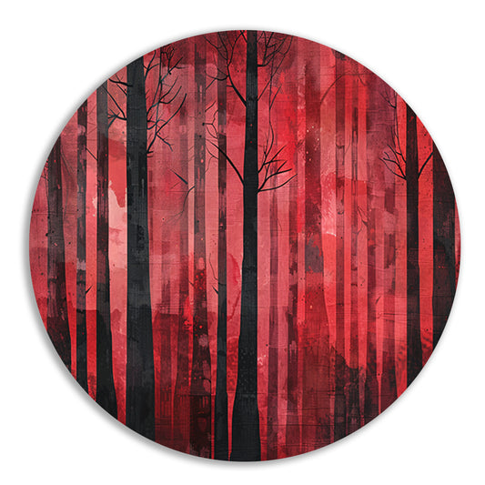 Mysterieus rood bos met zwarte bomen aluminium muurcirkel