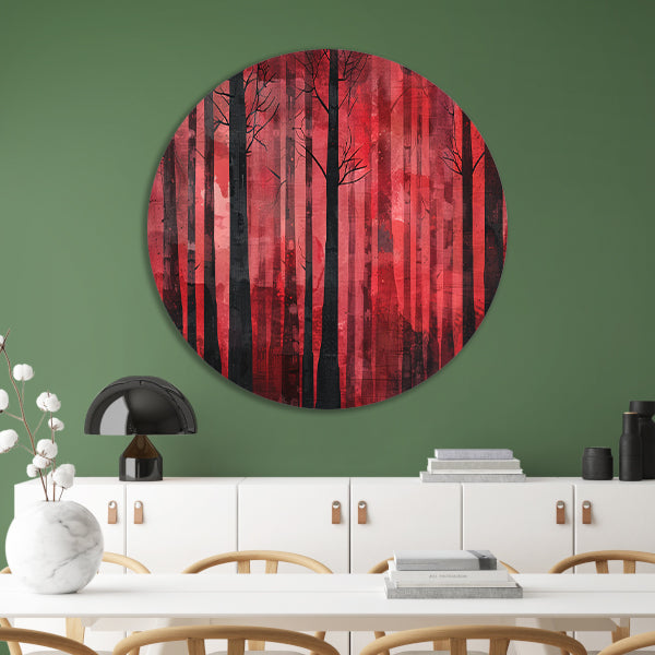 Mysterieus rood bos met zwarte bomen aluminium muurcirkel