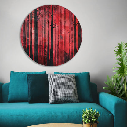 Mysterieus rood bos met zwarte bomen aluminium muurcirkel