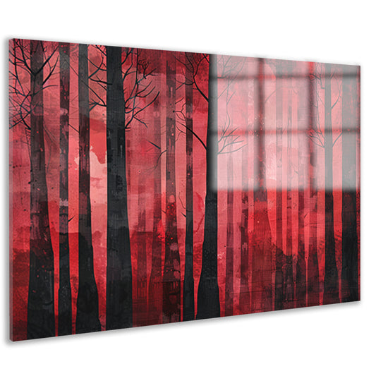 Mysterieus rood bos met zwarte bomen acrylglas