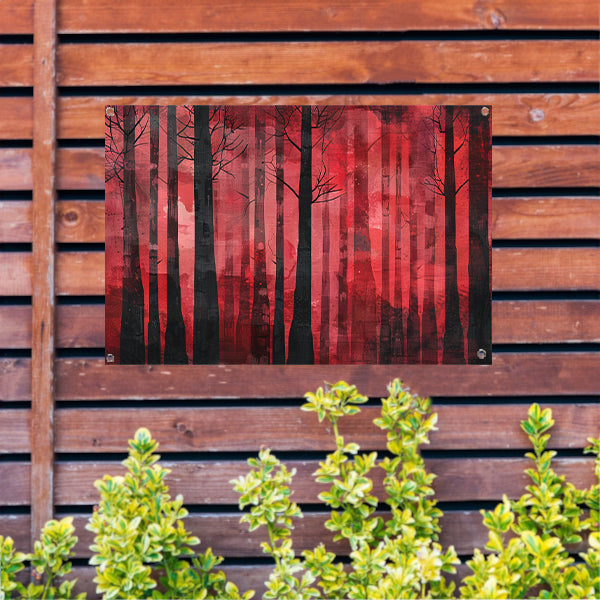 Mysterieus rood bos met zwarte bomen tuinposter