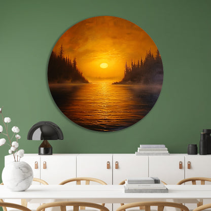 Zonsondergang boven kalm meer met bomen aluminium muurcirkel