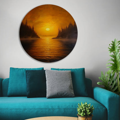 Zonsondergang boven kalm meer met bomen aluminium muurcirkel
