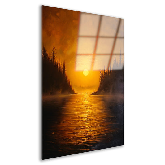 Zonsondergang boven kalm meer met bomen acrylglas