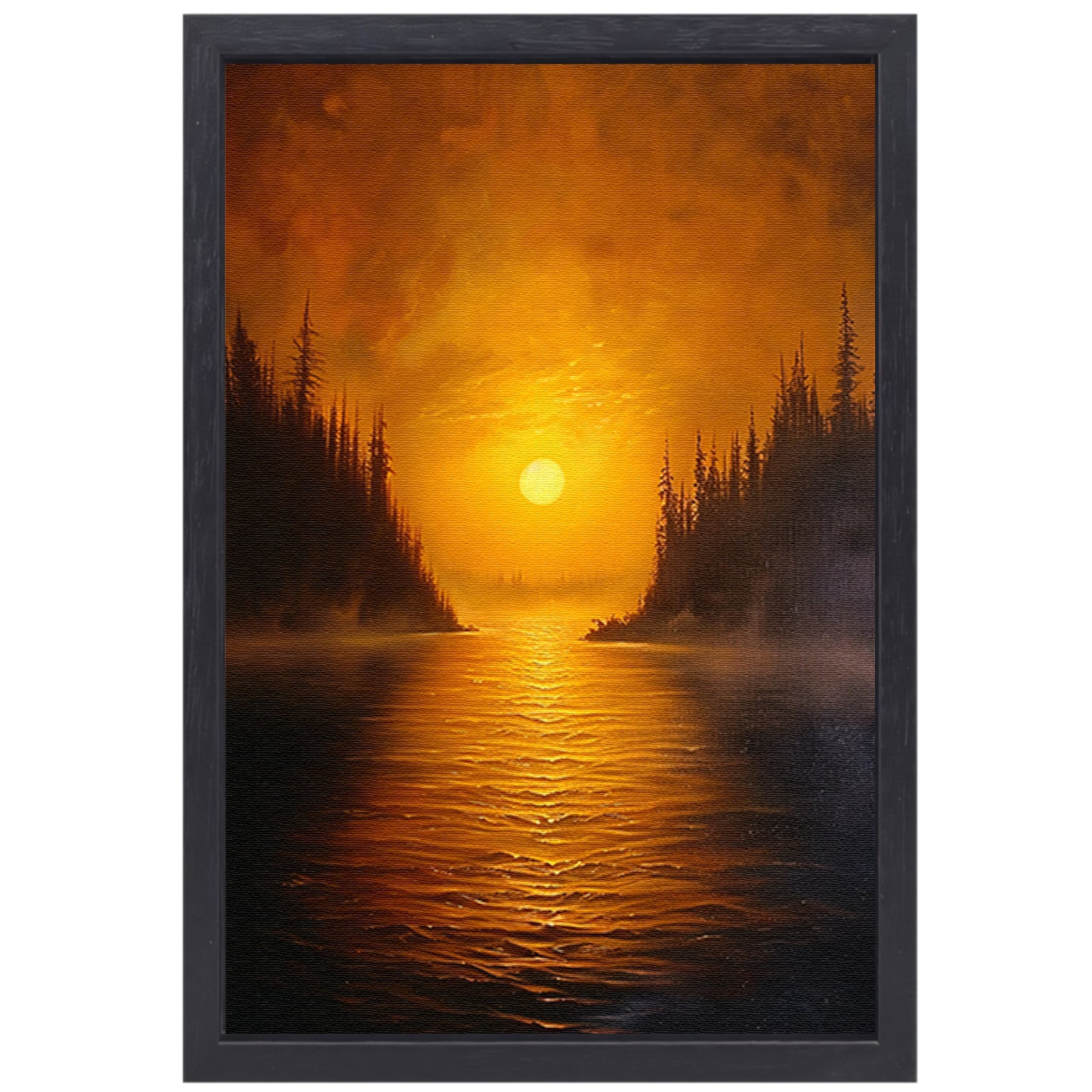 Zonsondergang boven kalm meer met bomen canvas met baklijst