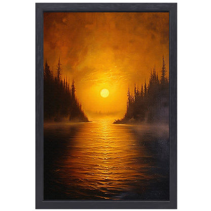 Zonsondergang boven kalm meer met bomen canvas met baklijst