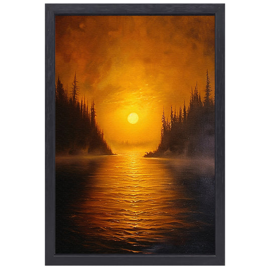 Zonsondergang boven kalm meer met bomen canvas met baklijst