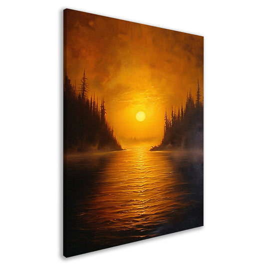 Zonsondergang boven kalm meer met bomen canvas