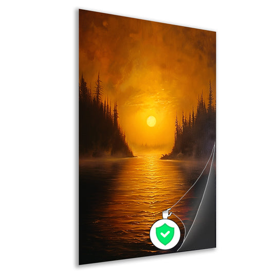 Zonsondergang boven kalm meer met bomen poster