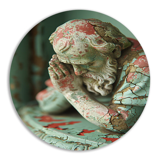 Statue with Weathered Paint and Deep Gaze aluminium muurcirkel
