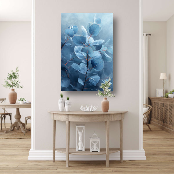 Elegante blauwe eucalyptus bladeren in minimalistische stijl canvas