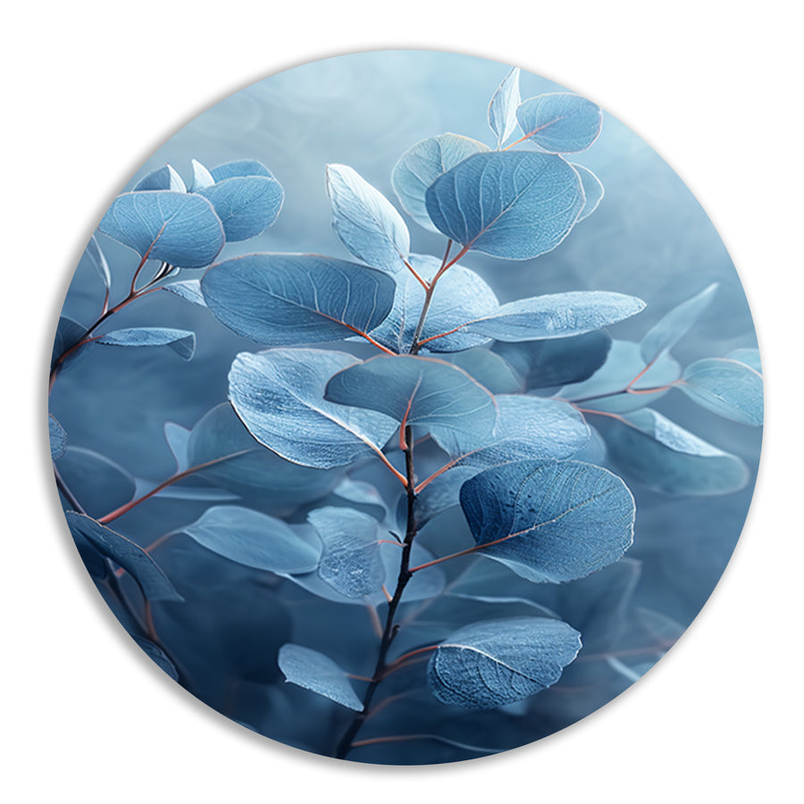 Elegante blauwe eucalyptus bladeren in minimalistische stijl aluminium muurcirkel