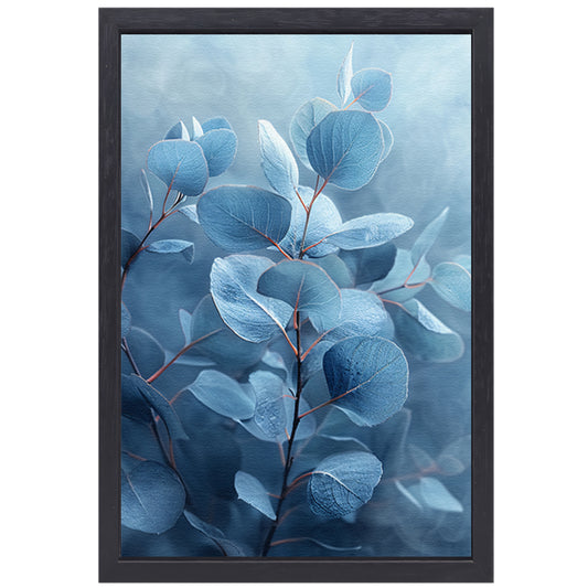 Elegante blauwe eucalyptus bladeren in minimalistische stijl canvas met baklijst