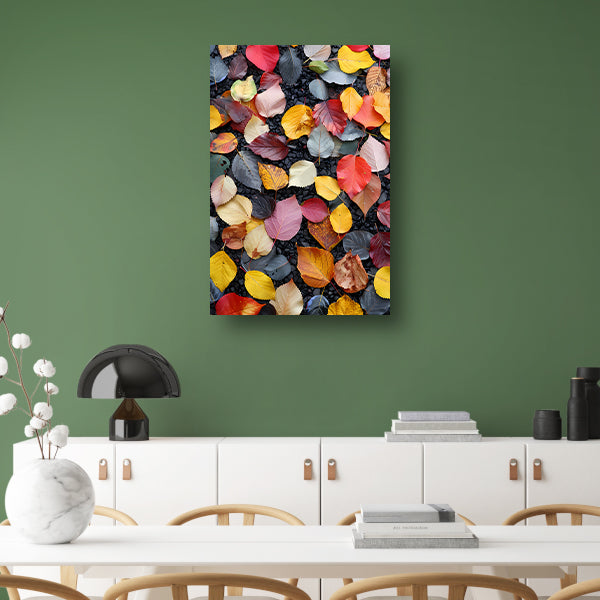 Kleurrijk herfstbladeren op donkere straat canvas met baklijst