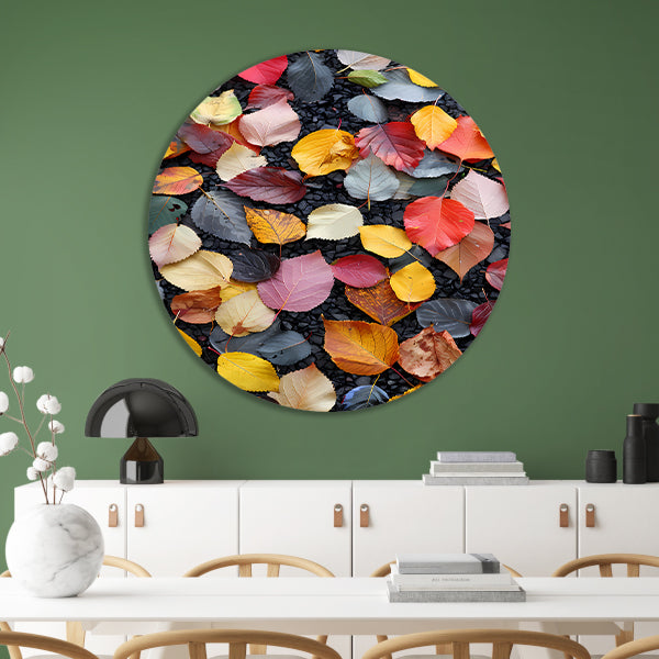 Kleurrijk herfstbladeren op donkere straat forex muurcirkel