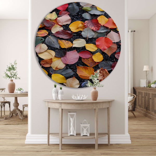 Kleurrijk herfstbladeren op donkere straat forex muurcirkel