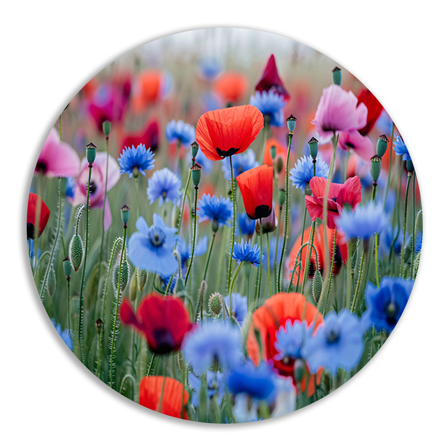 Een levendig veld van papavers en korenbloemen aluminium muurcirkel