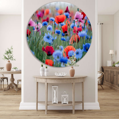 Een levendig veld van papavers en korenbloemen aluminium muurcirkel