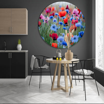 Een levendig veld van papavers en korenbloemen aluminium muurcirkel